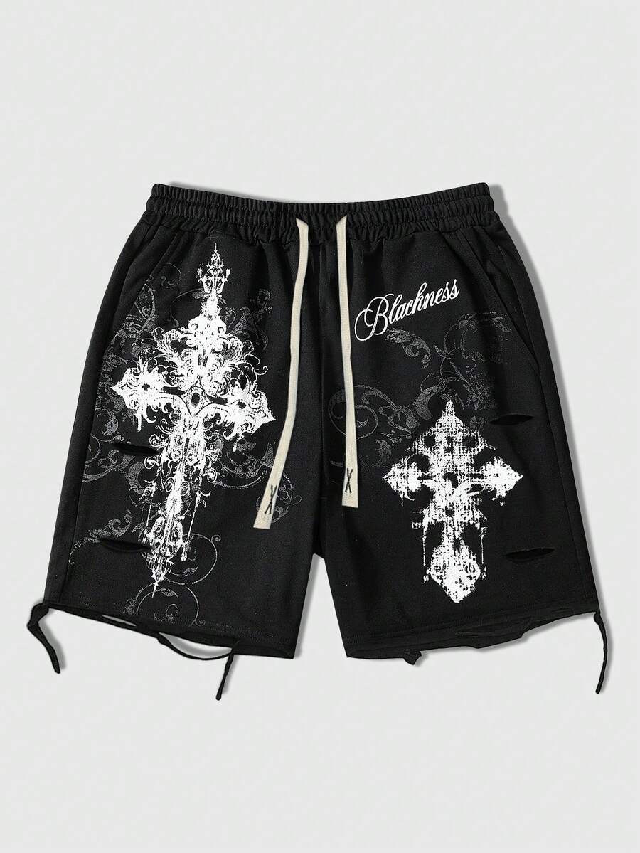 ROMWE MEN 男士休闲交叉印花抽绳腰短裤，夏季 - 黑色 - 查看 1
