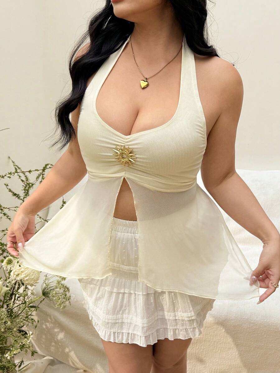 CovetEZ 大码女式休闲金属向日葵装饰露背吊带背心,适合春夏假期穿着 - 黃色 - 查看 1
