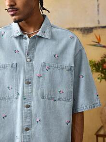 ROMWE MEN Grunge Punk Men's Embroidered Casual Short Sleeve Denim Shirt - Blue - View 7