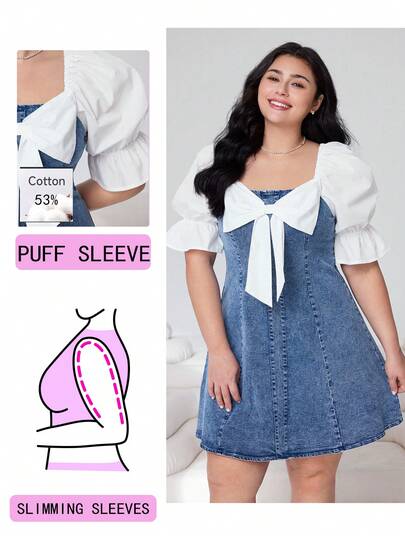 Solflare 2026春夏新款白色灯笼袖蝴蝶结装饰衬衫，弹力A字短款牛仔连衣裙，蓝色，大码，适合休闲外出、派对、约会、生日、音乐节、通勤、度假、情人节、新年等多种场合。