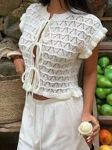 Sunnyshic Women's White Hollow Casual Ruffle Bow Tie Fashionable Versatile Summer Short Sleeve Thin Cardigan - White - View 5