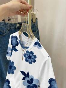 SHEIN LUNE Áo thun nữ dáng rộng, cổ tròn, tay ngắn, phong cách tối giản, thường ngày. - Nhiều màu - Xem 4