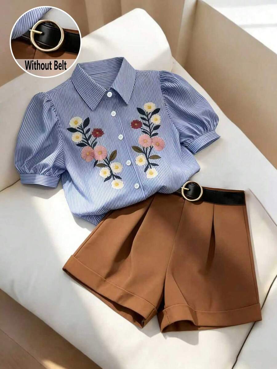 SHEIN Franclia 女士刺绣上衣+宽松阔腿休闲短裤两件套，春夏款 - 彩色 - 查看 1