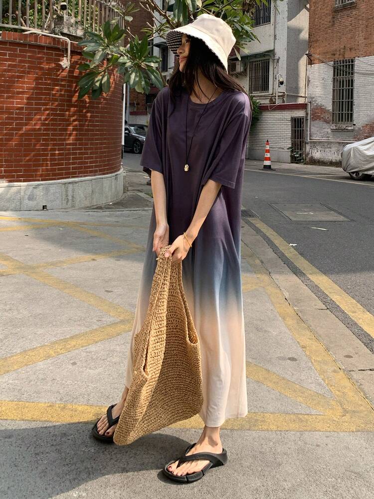Women's Ombre Round Neck Short Sleeve Casual Long Dress, Youthful Korean Style