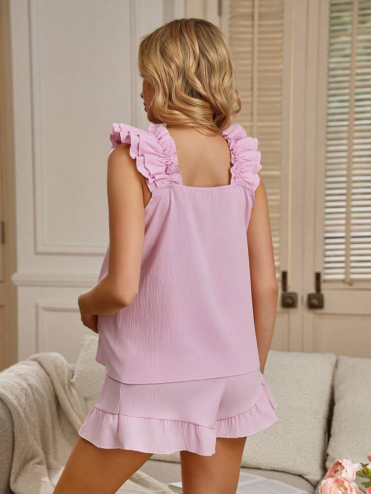 SHEIN 孕妇荷叶边吊带背心和可调节腰带短裤两件套 - 粉色 - 查看 2