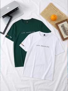 Velminro 2pcs Men Casual Los Angeles Letter Printed Short Sleeve T-Shirt Suitable For Everyday Wear, Spring And Summer, For Going Out - Multicolor - View 1