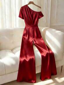 Franclia Women's Elegant Smooth Satin One-Shoulder Gathered Waist Red Jumpsuit, Stylish Jumpsuit, Women's Summer Outfit, Summer Vacation Outfit, Red Jumpsuit, Wide-Leg Jumpsuit, Off-Shoulder Jumpsuit, Casual Jumpsuit, Satin Jumpsuit, Women's Red Jumpsuit, Women's Casual Outfit, Summer Vacation Outfit, Women's Elegant Jumpsuit.Fashionable Casual Commuter Wear, Business Office Wear, Versatile And Stylish Everyday Casual Wear, Urban Teacher's Professional Attire - Red - View 6