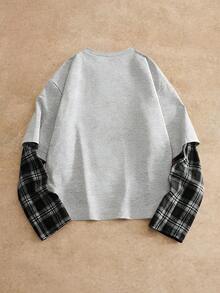 HIMLAND 男士休闲通勤街头格子印花长袖二合一T恤 - 灰色 - 查看 2