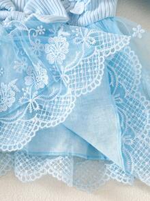 SHEIN 新生女婴白色腋下条纹立体刺绣花朵蝴蝶结拼接网纱连衣裙和发带两件套，秋冬新款优雅，适合户外拍摄 - 藍色 - 查看 5