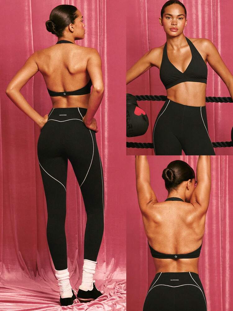 FeatherFit™-Sculpt Movimientos seguros Suave y elástico Compresivo Malla incorporada Copas desmontables Diseño de espalda abierta Sujetador deportivo de cuello halter de impacto medio para entrenamiento, running, workout y uso en el gimnasio