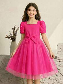 1pc Girls Sweet Princess Style Square Neck Puff Sleeve Dress + Bow Waist Belt Flared Skirt Dress Set, Suitable For Dates And Gatherings In Summer - Hot Pink - View 3