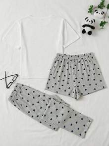 SHEIN Botanical Aesthetic: 3 PiecesLaurel Heart Print Pajama Set With Pocket Tee, Trousers & Shorts - Grey - View 2