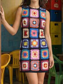 CAJUNI All-Over Print Casual Sleeveless Round Neck Vacation Dress - Black - View 4