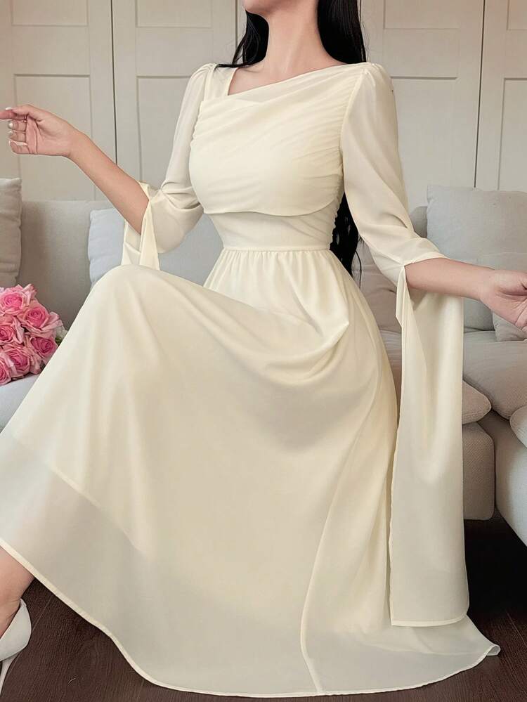 Women's Elegant Solid Color Asymmetric Shoulder Collar Extra Long Sleeve Split Hem Mid-Length Dress, Spring/Summer Wedding Guest Dress Sundress