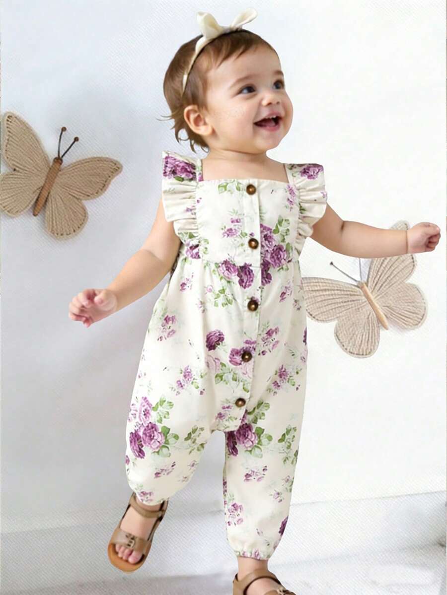 SHEIN Playful Pals Romper Tanpa Lengan Motif Bunga untuk Bayi Perempuan dan Balita, Kerah Persegi, dan Hem Berkerut, Cocok untuk Kegiatan Musim Semi/Panas, Liburan, dan Pakaian Sehari-hari - Purple - View 1