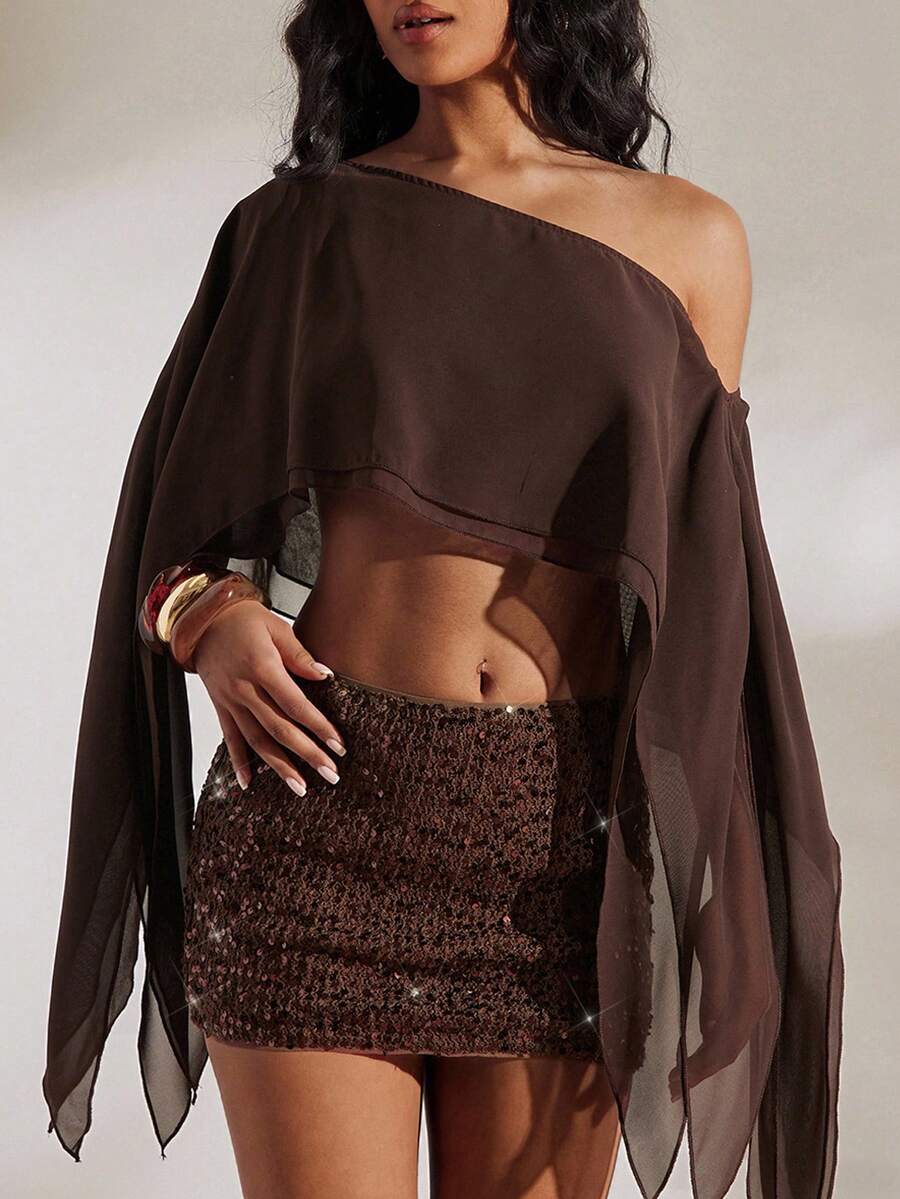 Opulessa 两件套纯色针织修身抹胸上衣和不对称肩部宽松梭织衬衫，适合海滩度假、休闲、夏季假期、优雅场合、外出、派对等。 - 咖啡棕 - 查看 1