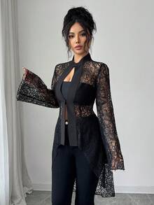 Elenzga 女士优雅性感黑色蕾丝休闲度假衬衫，前短后长设计，适合情人节、约会、派对、晚餐、春夏等场合。 - 黑色 - 查看 6