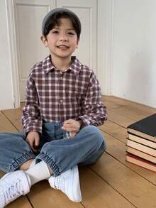 DAZY Young Boy Plaid Print Button-Front Long Sleeve Shirt - Burgundy - View 6