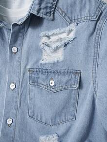 Manfinity Joysei 男士休闲水洗做旧牛仔短袖衬衫 - 淺色水洗藍 - 查看 4