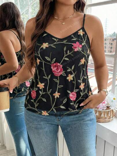 Reflora Plus Size Women Summer Mesh Embroidered Camisole, Suitable For Daily, Party And Various Occasions Summer,Spring,Summer Outfits ,Summer Clothes,Summer Holiday Outfits,Spring Outfit Women,Spring Clothing,Spring Women,Beach,Beach Outfits For Women,Beach Outfit For Women,Valentine's Day,Valentine Outfits For Women ,Valentines,Valentine's Day Going Out Tops,Going Out Top,Going Out Tops For Women,Summer Tops ,Elegant Women's Blouses,Casual Blouses For Women,Sequin Top,Sparkly Top Going Out Outfits,Going Out,Elegant Flower