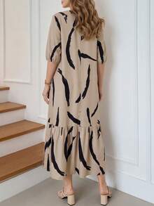 Miaspire 女士日常穿着假日春夏V领印花卡其色日常休闲端庄连衣裙，母亲节佳选 - 卡其色 - 查看 3