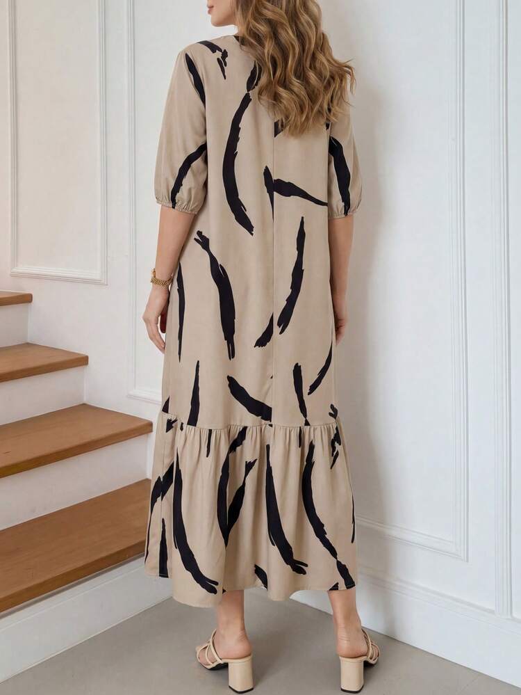 Vestidos casuales y modestos de uso diario para el Día de la Madre, con estampado de pinceladas, cuello en V, en color caqui, para primavera y verano