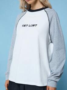 COUREZ Long Sleeve Raglan T-Shirt With Front Slogan /Y2K Spring For Women Cute Casual Going Out Top For Women Slogan Top Back To School Summer - White - View 6