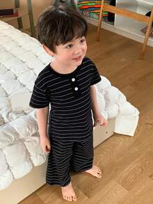 DAZY Ropa de estar en casa cómoda con cuello redondo y rayas para niños pequeños - Negro - Ver 6