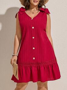 Comfylo Plus Tie Shoulder Fake Button Ruffle Hem Summer Outfits Dress - White - View 1