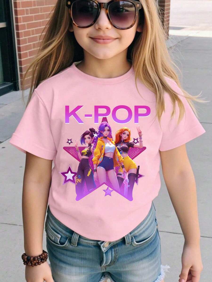 SHEIN Young Girls' Minimalist Printed Round Neck Basic Short Sleeve T-Shirt - Pink - View 1