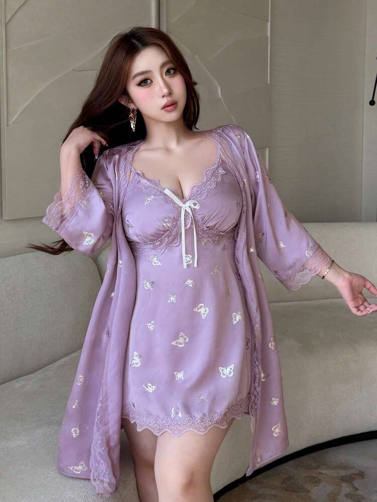 Dazy Plus Shiny Silver Butterfly Print Lace Patchwork Sleepwear Set, Camisole Dress & Robe, Plus Size, Spring/Summer