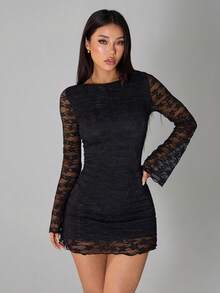 SHEIN PETITE Đầm ngắn tay chuông ren đen dành cho nữ, đầm hè, đầm công sở thường ngày. - màu đen - Xem 6