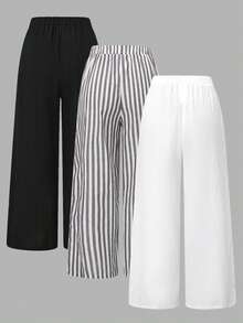 SHEIN Essnce Pantalones anchos de cintura elástica versátiles, cómodos y sueltos para mujer de talla grande, en múltiples colores, paquete de 3, fondo de mujer, atuendos de otoño, pantalones negros y blancos y pantalones a rayas - Multicolor - Ver 2
