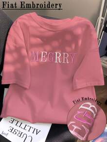 SHEIN Women's Fitted T-Shirt With Letter Embroidery Graphic - Redwood - View 3