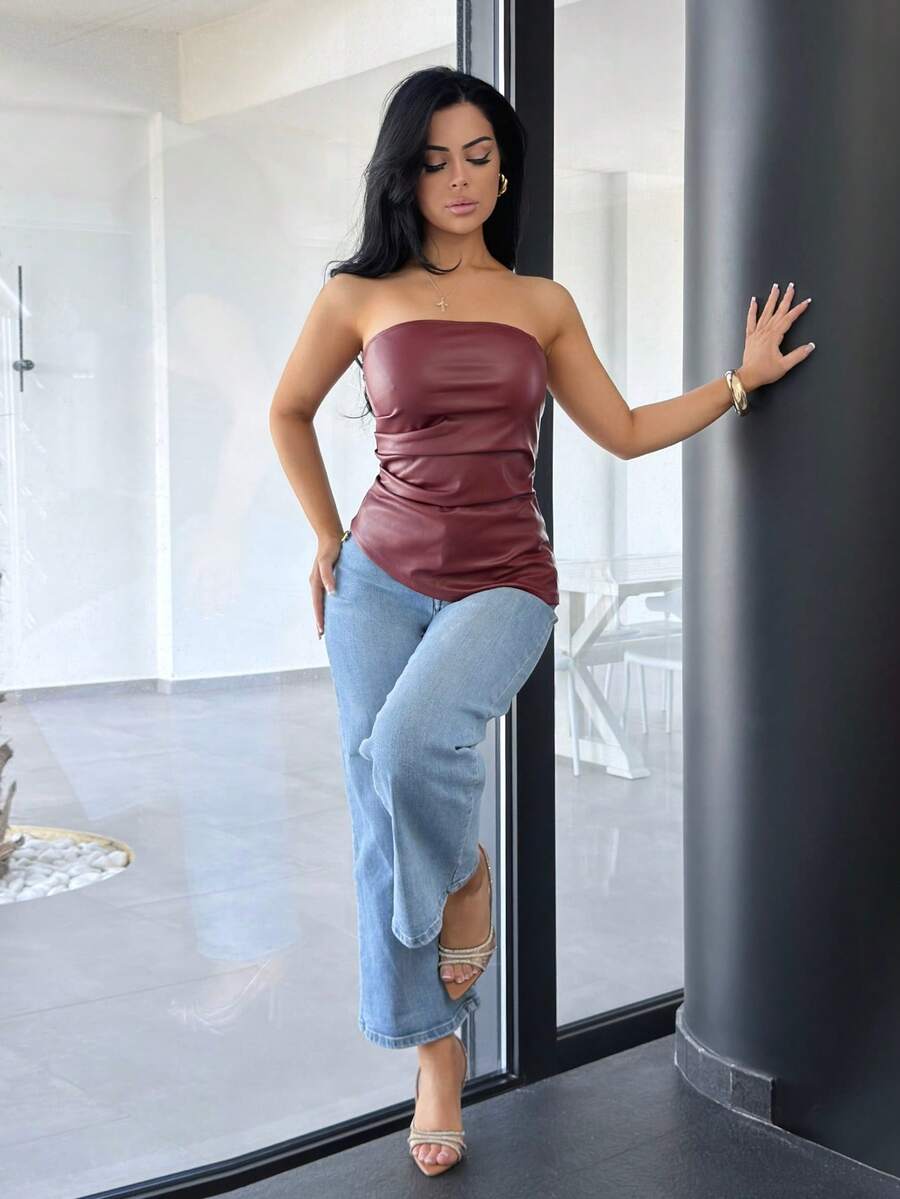 Vassilux Top Cropped de Couro PU Sem Manga de Cor Sólida, Usado Casual Minimalista de Moda para Uso Diário - Vinho - Visão 1