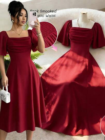 GlowEve New Square Neck Pleated Front Chiffon Back Shirred Cinched Waist Elegant Dress For Women