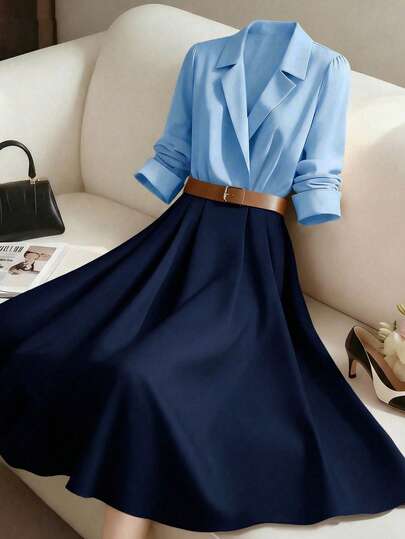 GlowEve Abito camicia da donna a maniche lunghe, stile retrò versatile, adatto per lavoro, vacanze e uso quotidiano, con blocchi di colore, vita arricciata e linea ad A, elegante, stile francese di strada, autunno/inverno