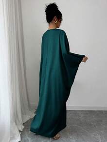 Elenzga Middle Eastern Style Loose Fit Linen Dress With Gold Collar - Dark Green - View 2