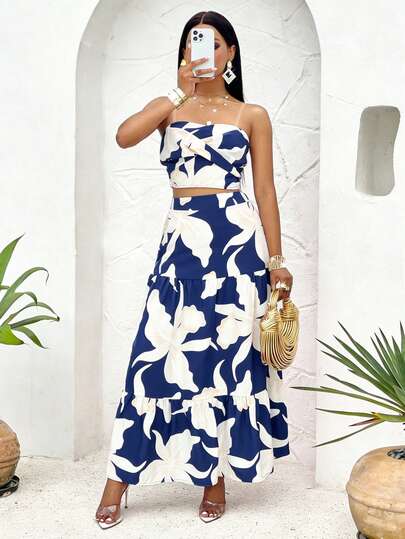 Conjunto De 2 Piezas Para Mujer Diseño Floral,Tops Crop Con Tirantes Y Fruncido & Falda Larga