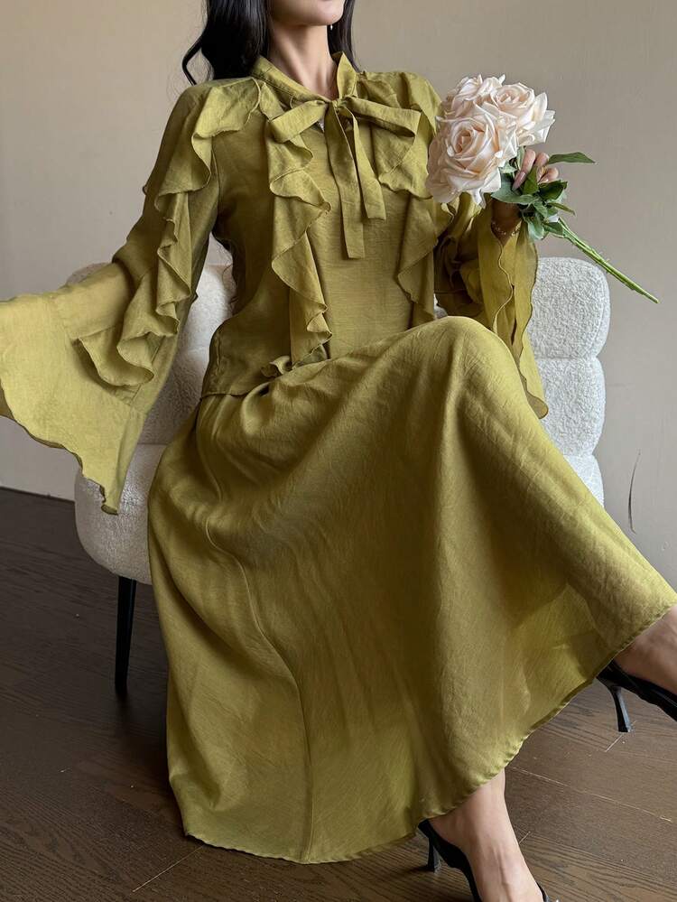 Women's Elegant Solid Color Ruffle Trim Tie Collar Blouse & Elastic Waist Skirt 2-Piece Set, Spring/Summer