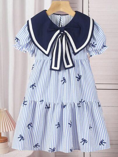 SHEIN 一件女童甜美水手领条纹泡泡袖A字迷你连衣裙，饰有荷叶边领口、多层荷叶边裙摆和蝴蝶结，A字廓形，适合日常穿着、周末外出和返校季。
