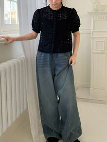 DAZY Girls' Round Neck Lace Petal Sleeve Blouse - Black - View 2