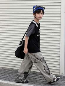 DAZY Tween Boy Colorblock Letter Print Crew Neck Short Sleeve T-Shirt Summer - Grey - View 4