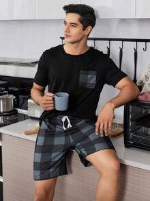 CoupledUp Men's Patchwork Pocket Shirt & Plaid Shorts Homewear Set - Black - View 3