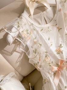 SHEIN 女童甜美荷叶边无袖刺绣网纱公主裙，适合度假、派对、夏季穿着 - 彩色 - 查看 3