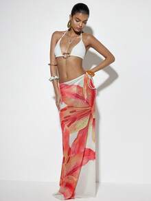 Coolane Women's Spring/Summer Knitted Mesh Printed Low Waisted Bodycon Mermaid Hem Women Skirt, Elegant Placement Print Mermaid-Style Midi Skirt, Date Clothes - Apricot - View 4