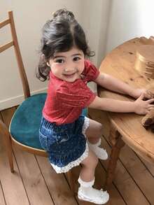 DAZY Baby Girls' Polka Dot Print Short Sleeve Ruffle Blouse, Summer New Arrival Cute Puff Sleeve Cardigan T-Shirt - Burgundy - View 3