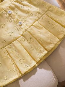 SHEIN 2件套女童夏季新款方领荷叶袖前开襟A字裙，手工褶皱设计，黄色刺绣面料，休闲时尚度假风套装 - 黃色 - 查看 6