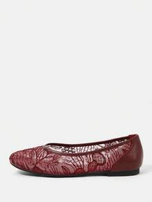 CUCCOO HITCHD 酒红色网眼花朵方头文字腰带舒适柔软简约通勤女平底鞋 - 酒紅色2 - 查看 7