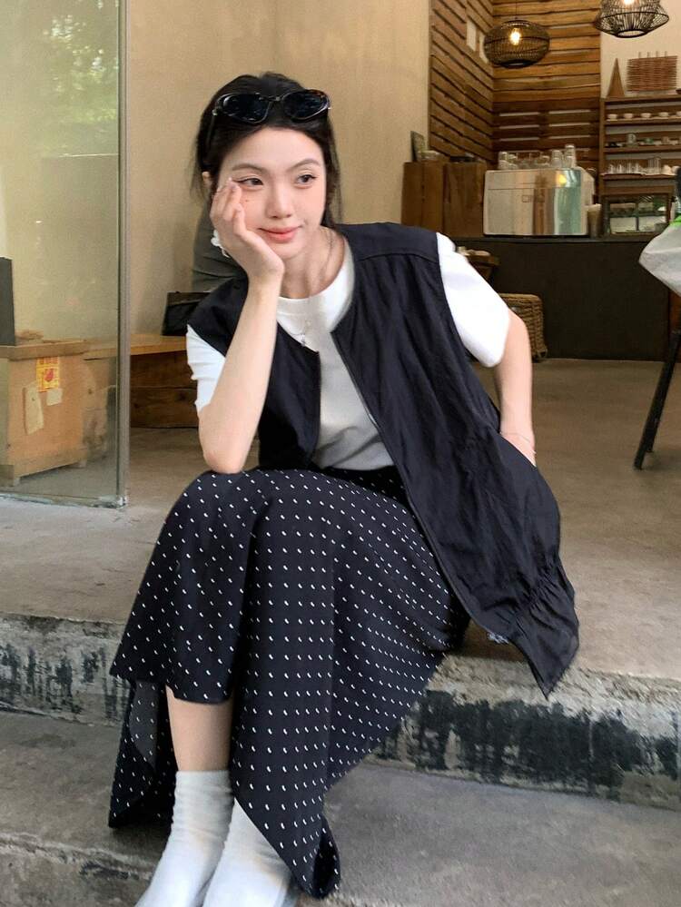 Women's Round Neck Solid Color Zipper Casual Versatile Daily Wear Top Summer